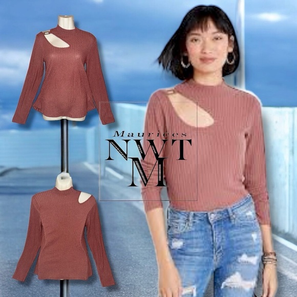 Maurices Sweater NWT Pink Brown Ribbed Mock Neck Shoulder Cut Out Long Sleeve M - Picture 6 of 16